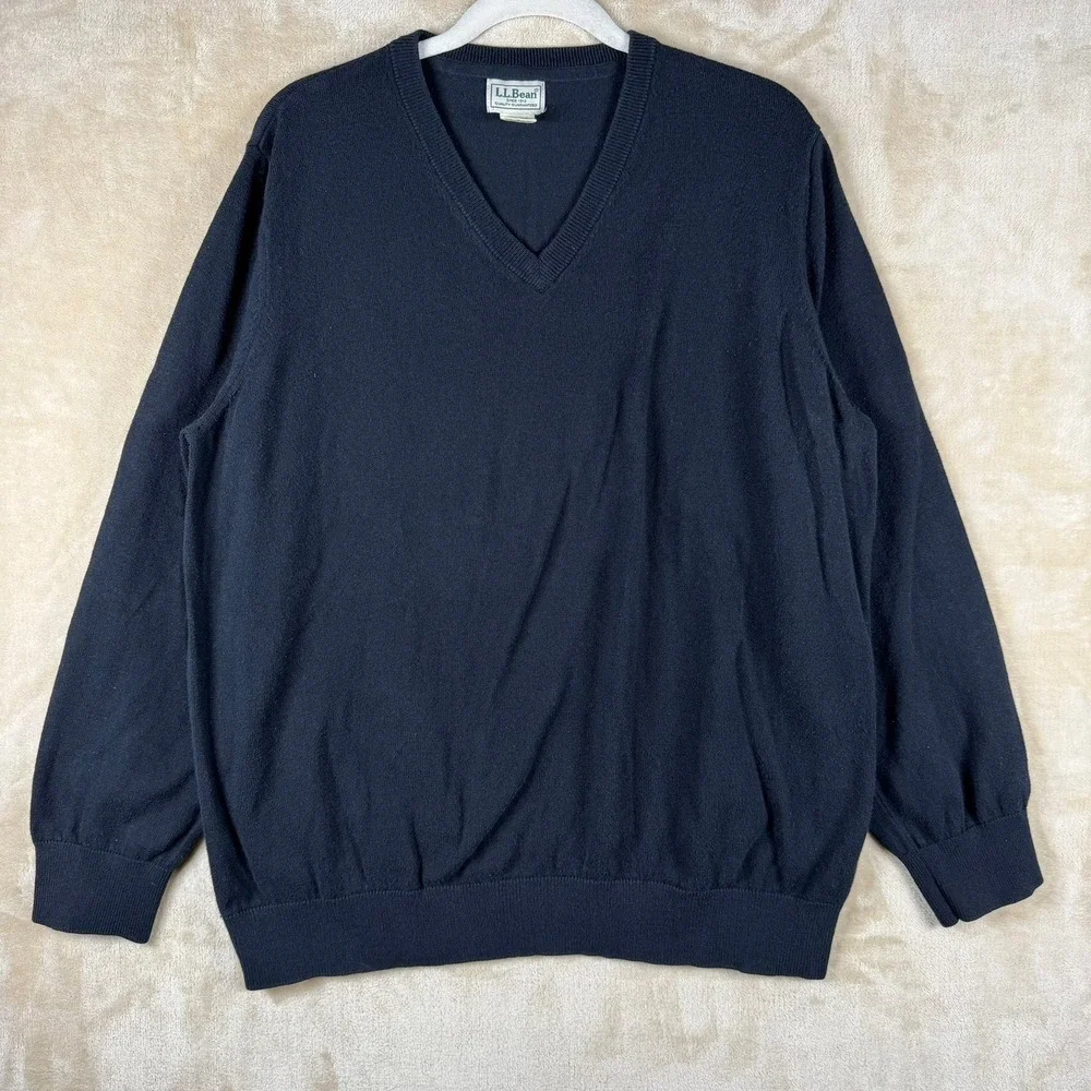 LL Bean Mens L‎ Navy Blue Cotton Cashmere V-Neck Sweater Classic Quiet Luxury